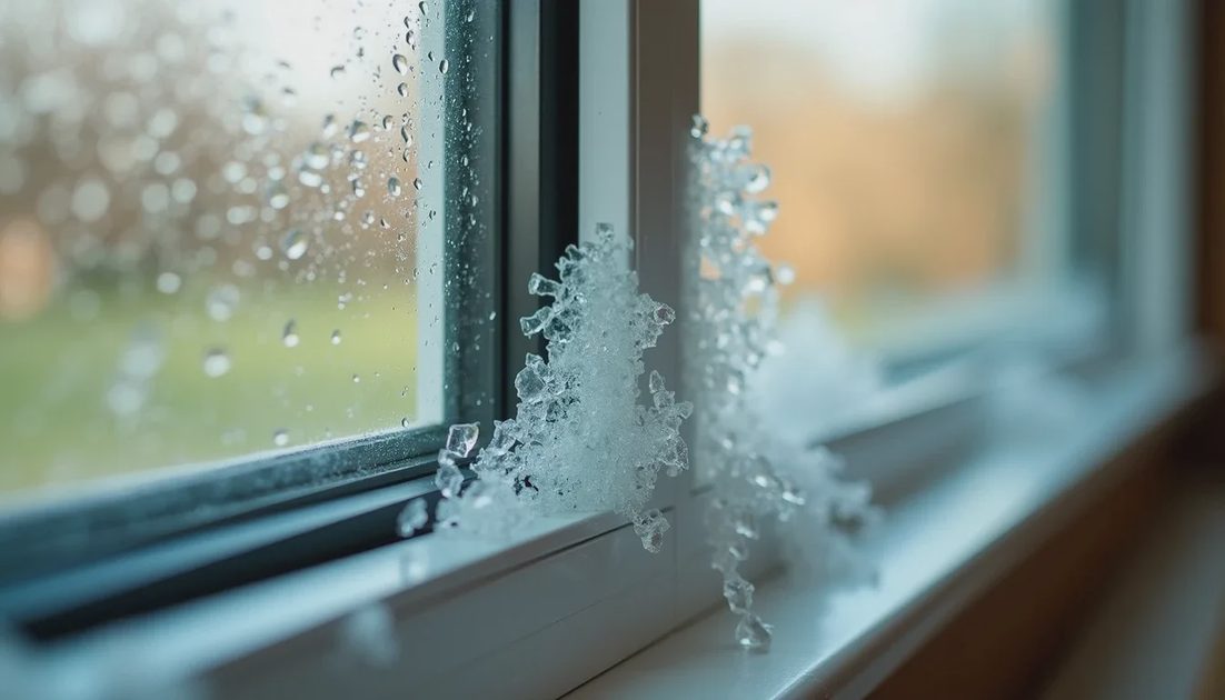 Fogged insulated glass unit showing seal failure after hail impact