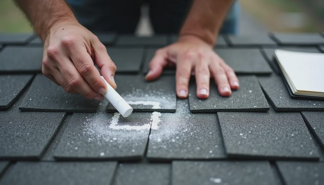 Roof inspector marking a 10x10 test square on storm-damaged asphalt shingles to count hail impacts