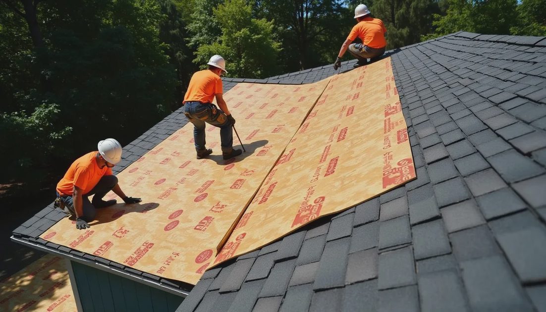 Roof deck inspection during tear-off showing marked plywood for replacement