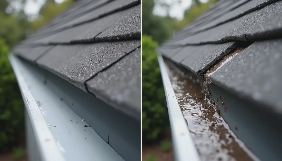 Seamless gutter system compared with patched sectional gutters after wind damage