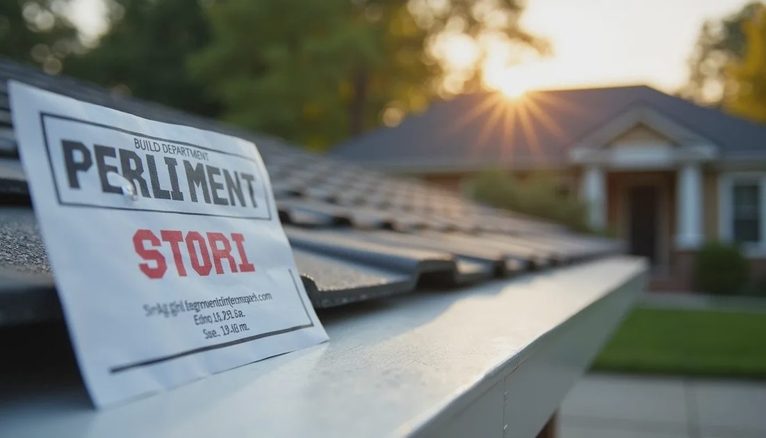 Building permit and final inspection evidence next to a newly installed roof edge