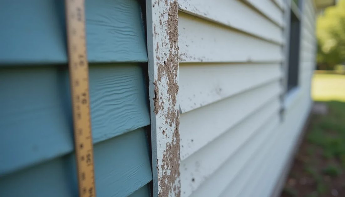New siding panel next to faded original panels showing color mismatch