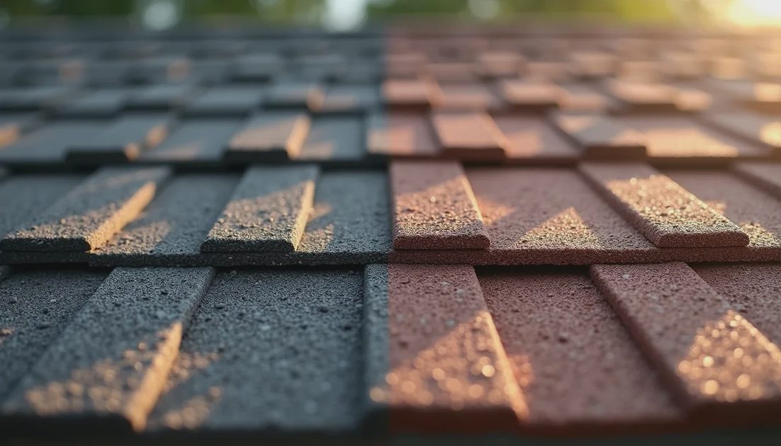 Side-by-side view of matched versus mismatched shingle repair on a storm-damaged roof