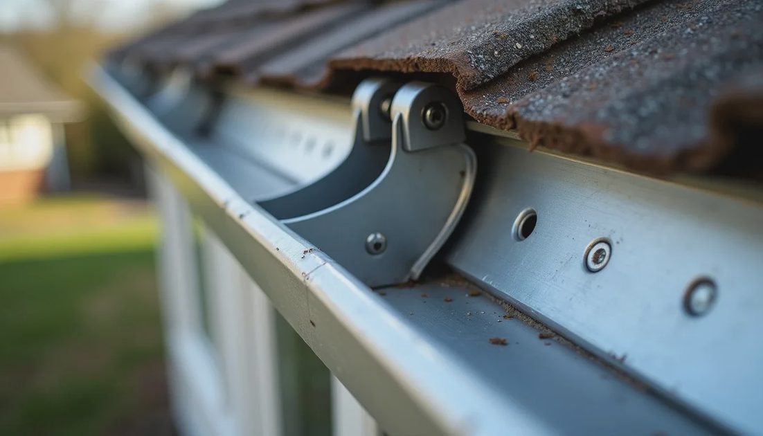 Close-up of wind-detached gutter with failed hangers and damaged fascia