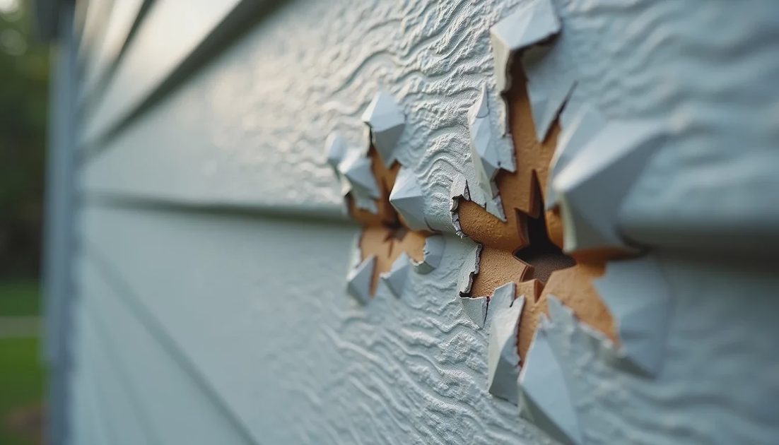 Close-up of hail-cracked and dented vinyl siding panels