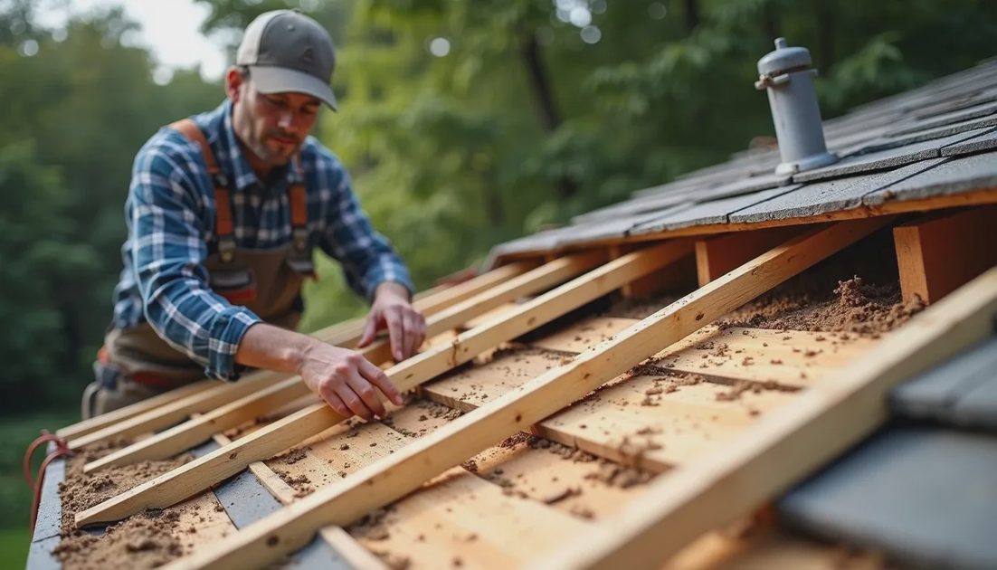 Contractor and homeowner examining soft decking during tear-off