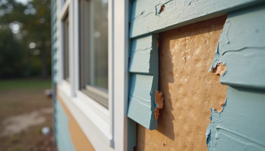 Housewrap and window flashing details exposed during siding work