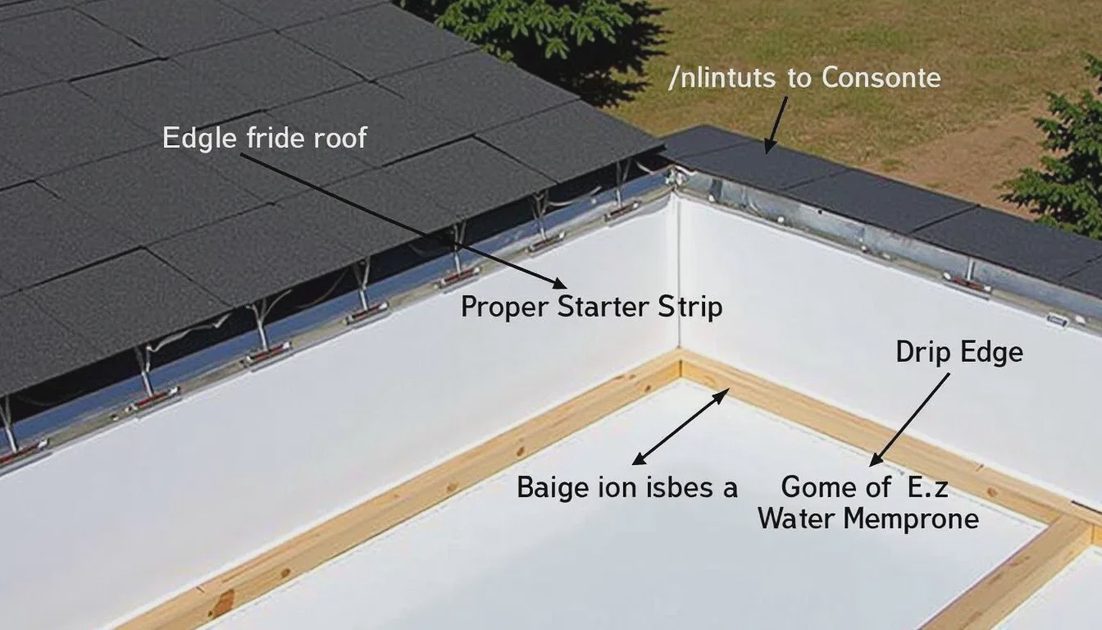 Proper eave detail with starter strip, drip edge, and ice-and-water membrane