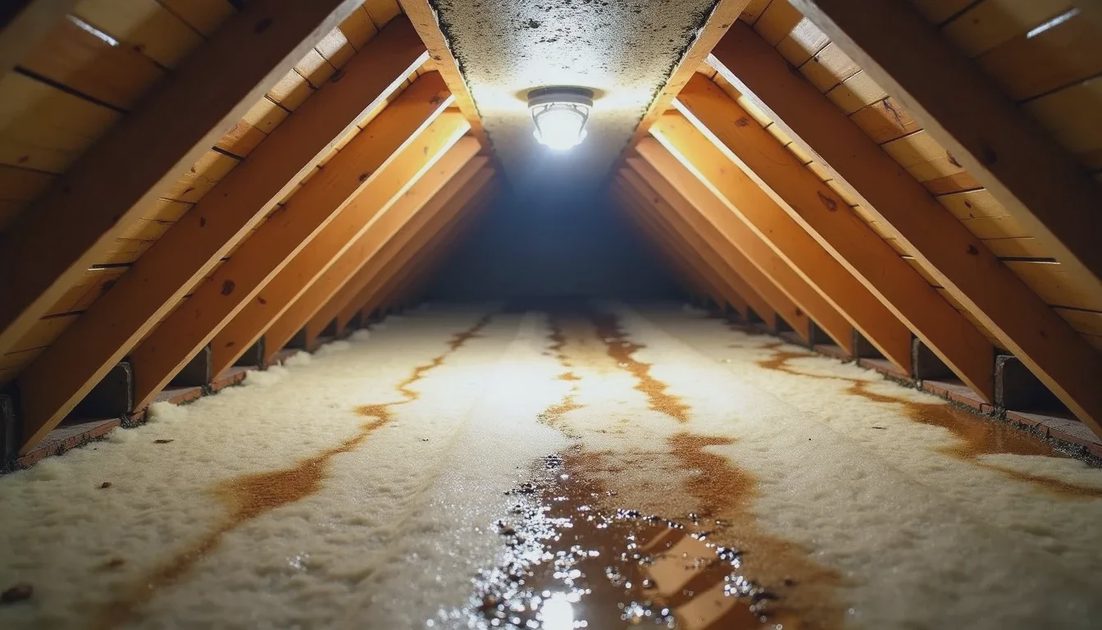 Attic moisture evidence aligned with an interior ceiling stain after a storm