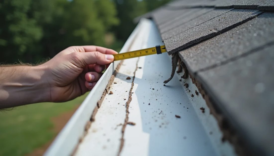 Roof edge showing new drip edge and underlayment next to damaged materials