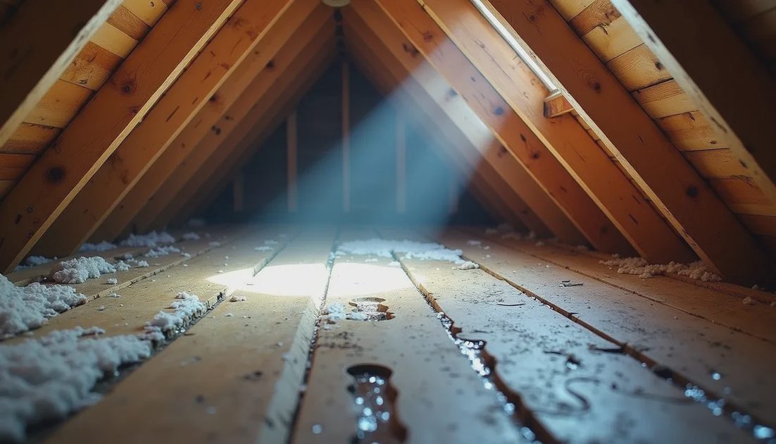 Attic inspection showing water stains and damp insulation after a storm