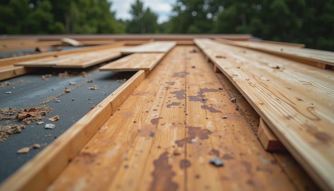 Exposed roof deck with soft plywood marked for replacement after tear-off