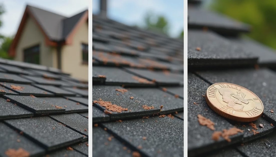 Wide, medium, and close-up photo sequence of post-storm roof damage