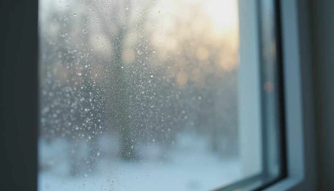 Fogged insulated glass unit showing seal failure after storm impact