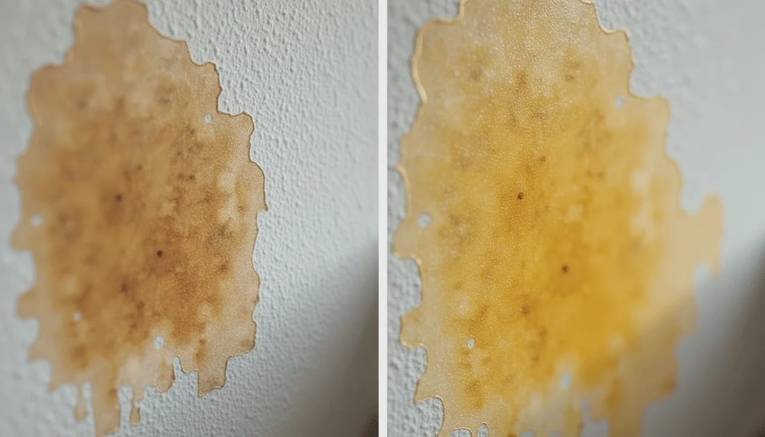 Fresh storm-related water stain compared with an older pre-existing stain
