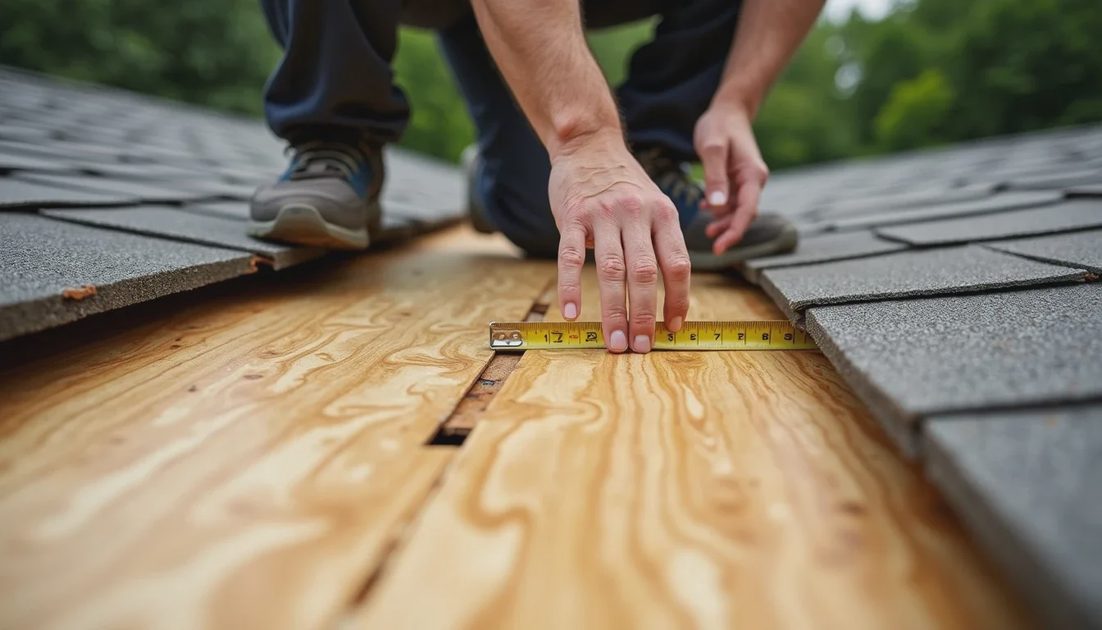 Soft roof decking being measured for replacement during tear-off