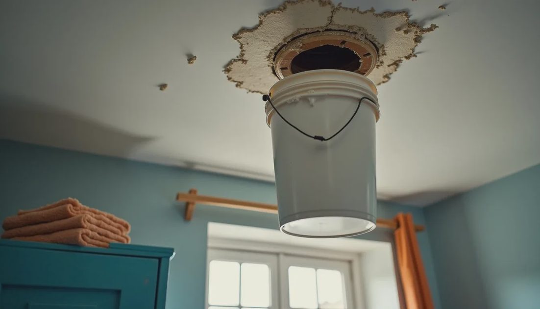 Relieving a water-filled ceiling bulge into a bucket to prevent collapse
